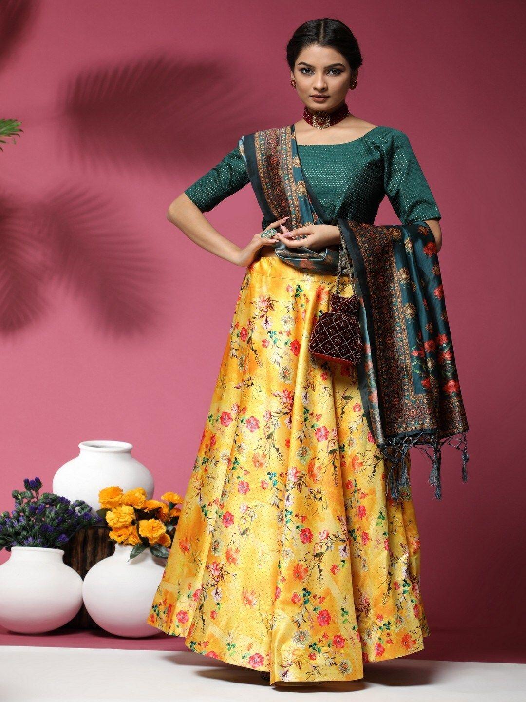 kaizen texo fab yellow & green printed semi-stitched lehenga & blouse with dupatta