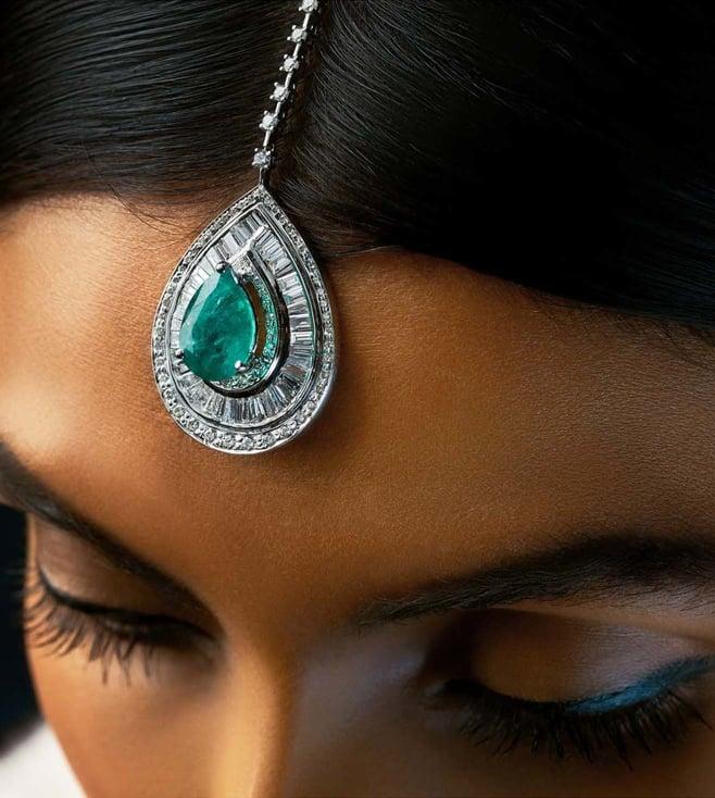 kaj fine jewellery classic emerald diamond maangtikka in 18kt white gold