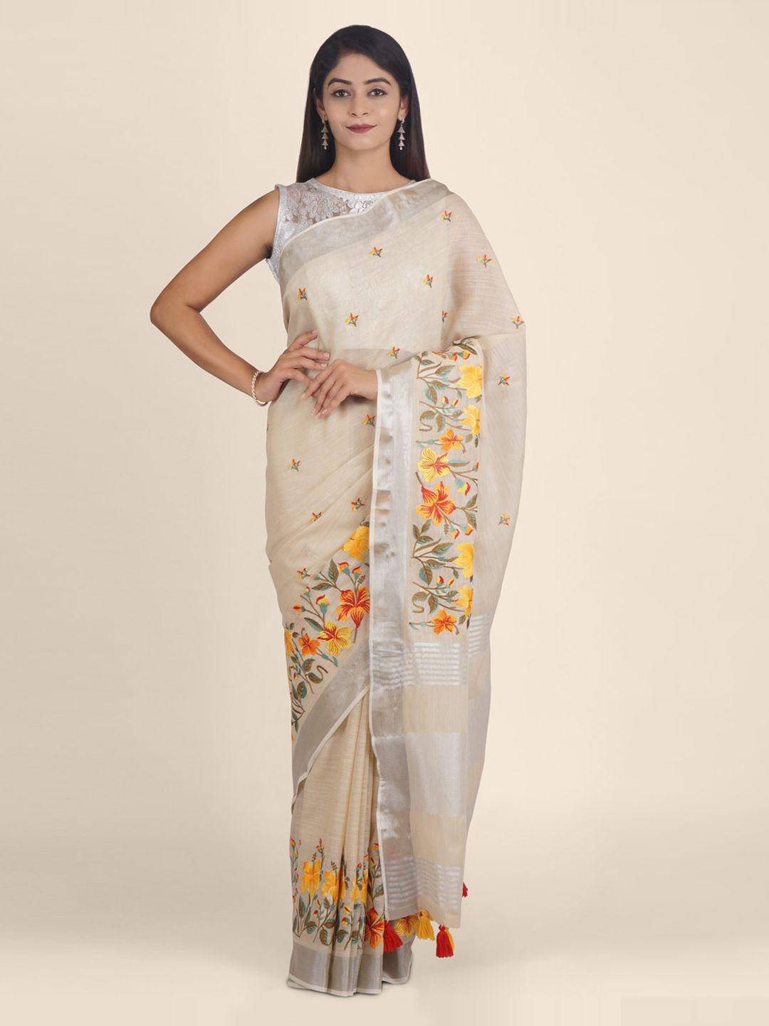 kajree cream-coloured printed pure linen saree