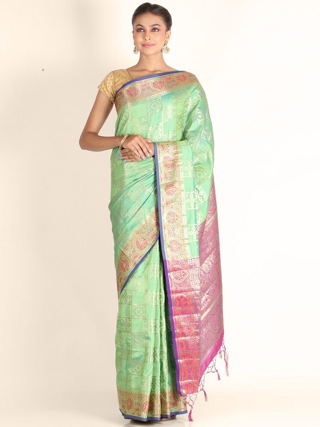 kajree green & pink woven design zari pure silk banarasi saree