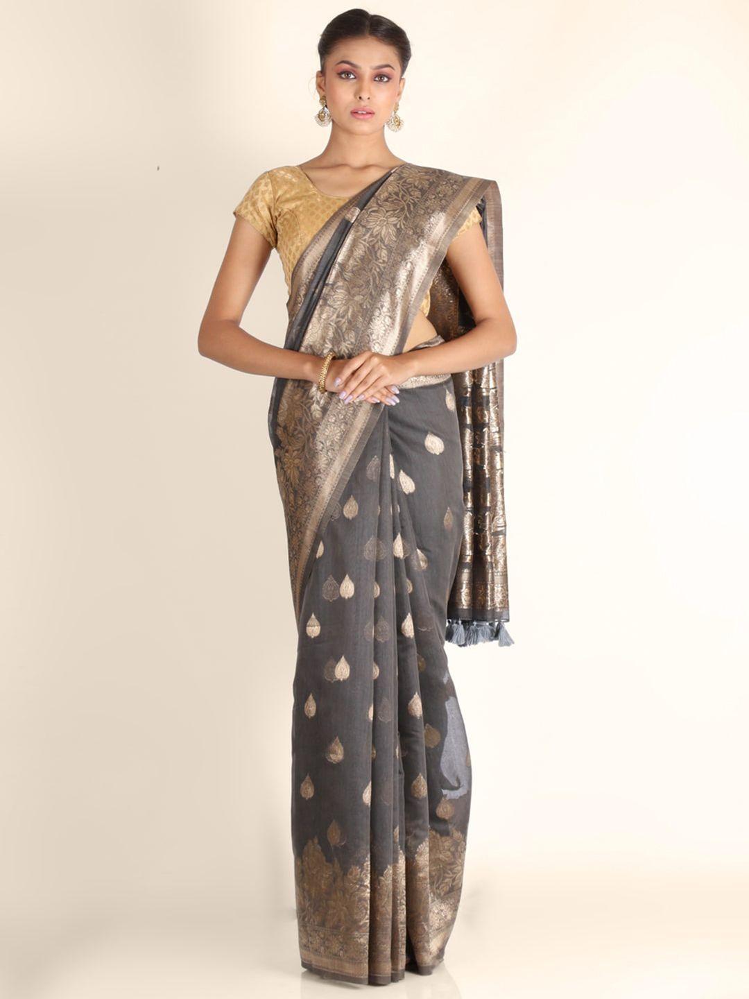 kajree grey & gold-toned woven design zari pure linen tussar saree