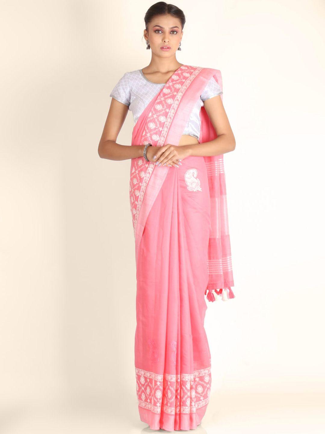 kajree pink & white ethnic motifs embroidered pure linen tussar saree