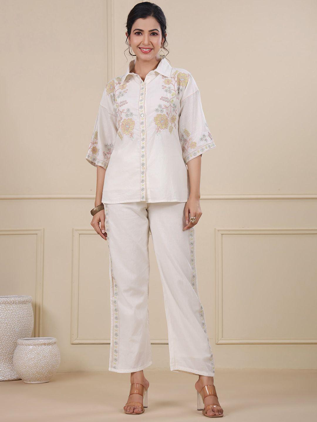 kajree embroidered pure cotton shirt with trousers co-ords