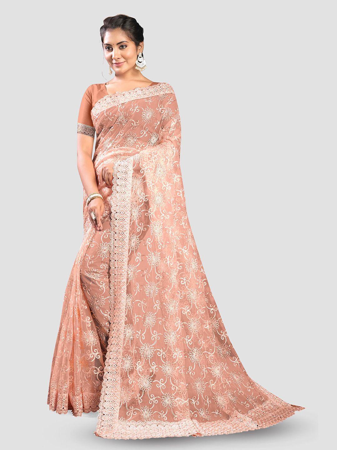 kajree floral embellished beads & stones net jamdani saree