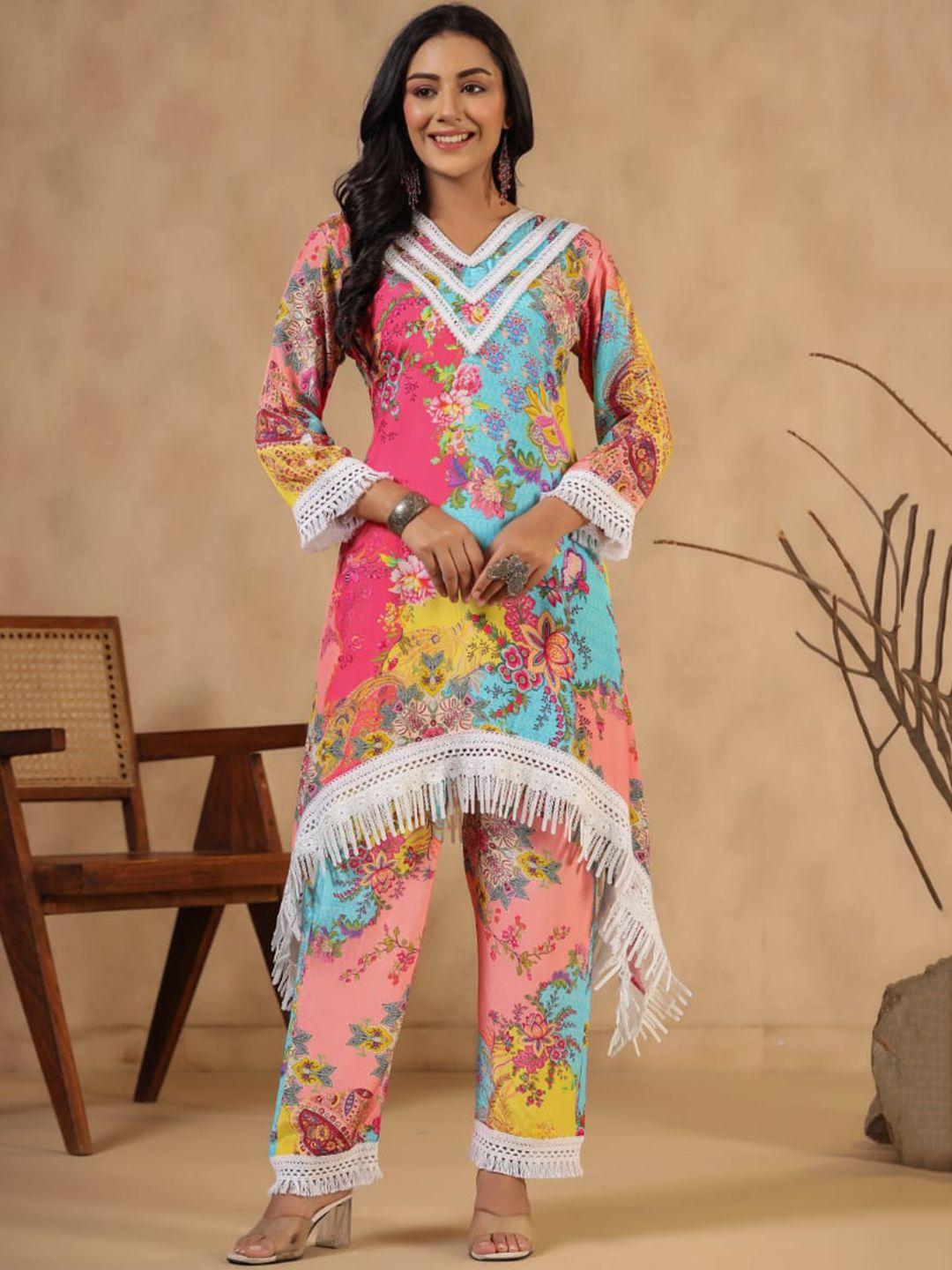 kajree floral printed v-neck a-line kurta with trousers set