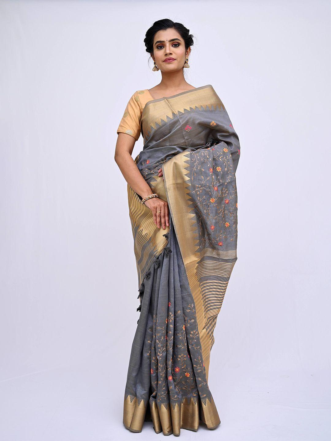 kajree grey & orange floral pure linen tussar saree