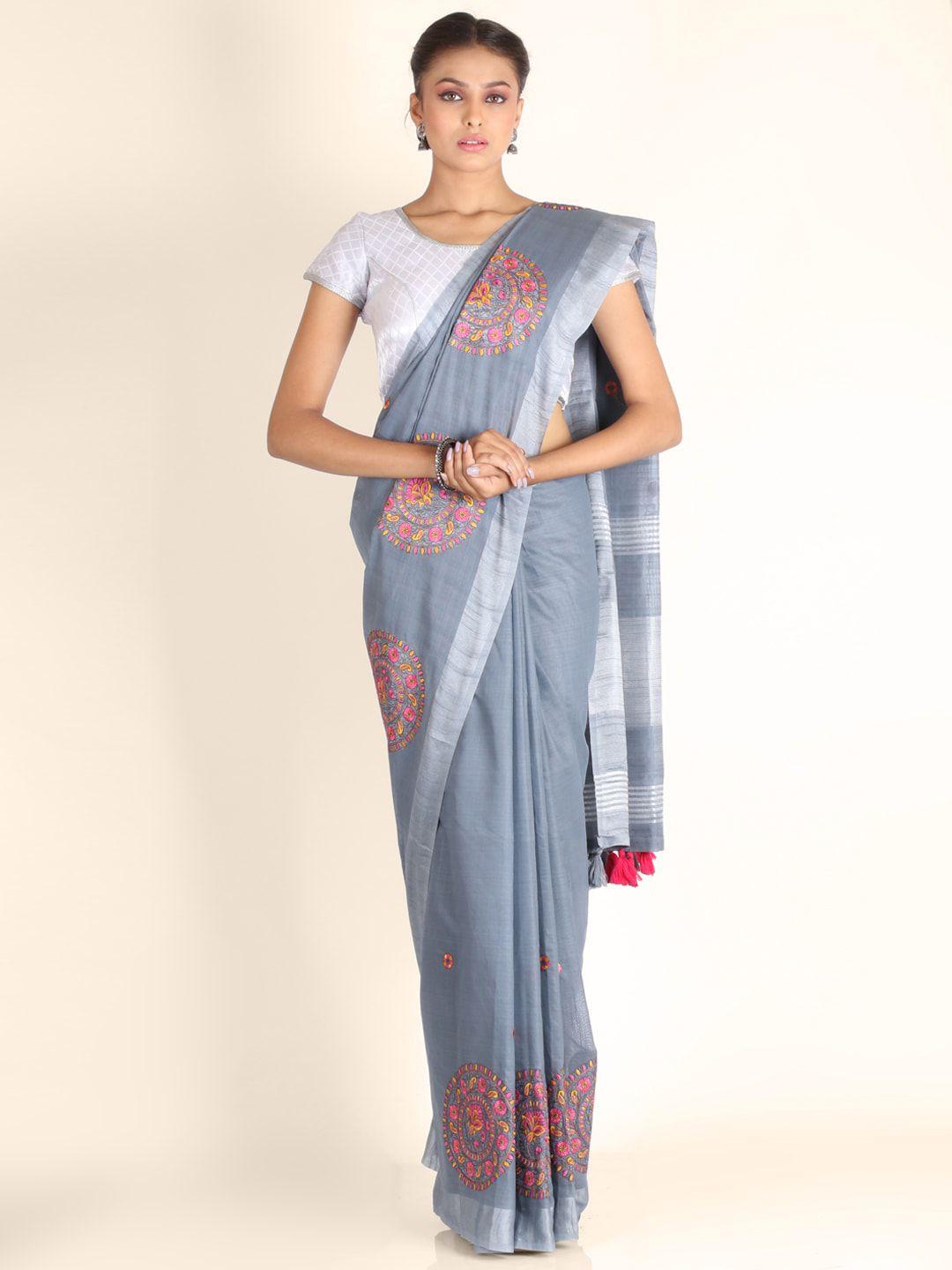 kajree grey floral embroidered pure linen saree