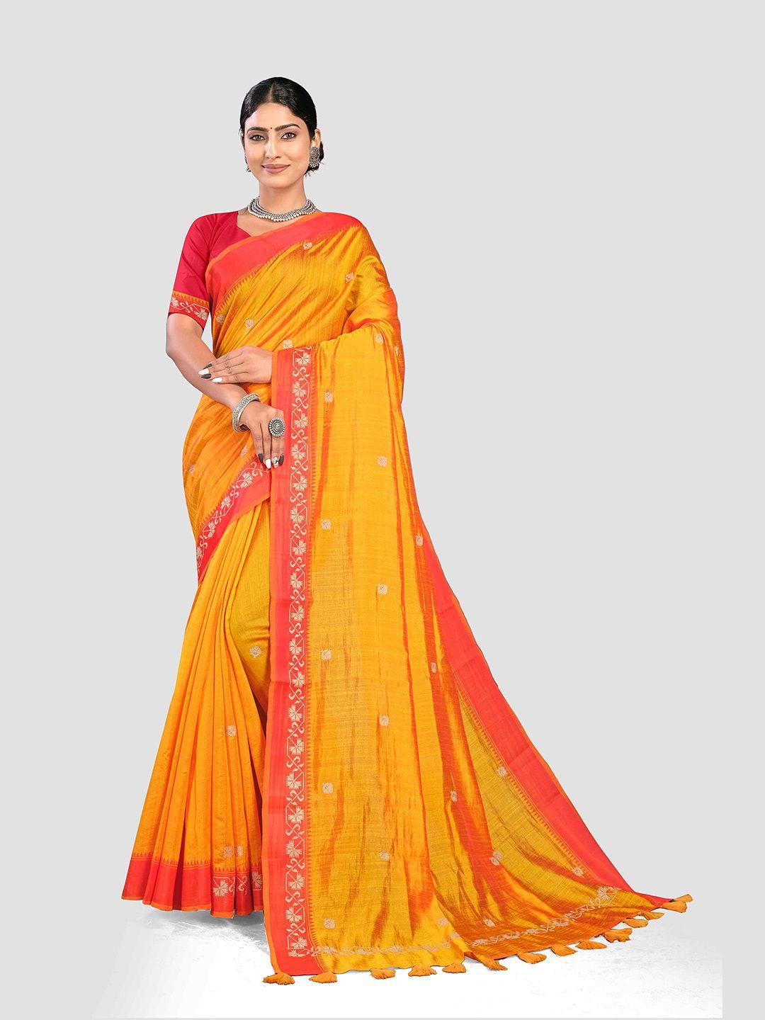 kajree yellow & pink ethnic motifs embroidered silk blend tussar saree