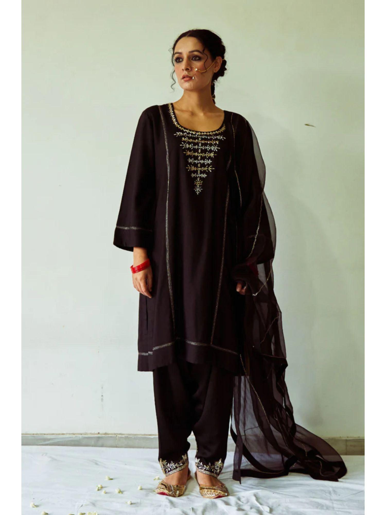 kala leheriya kurta with peshwa salwar and dupatta (set of 3)