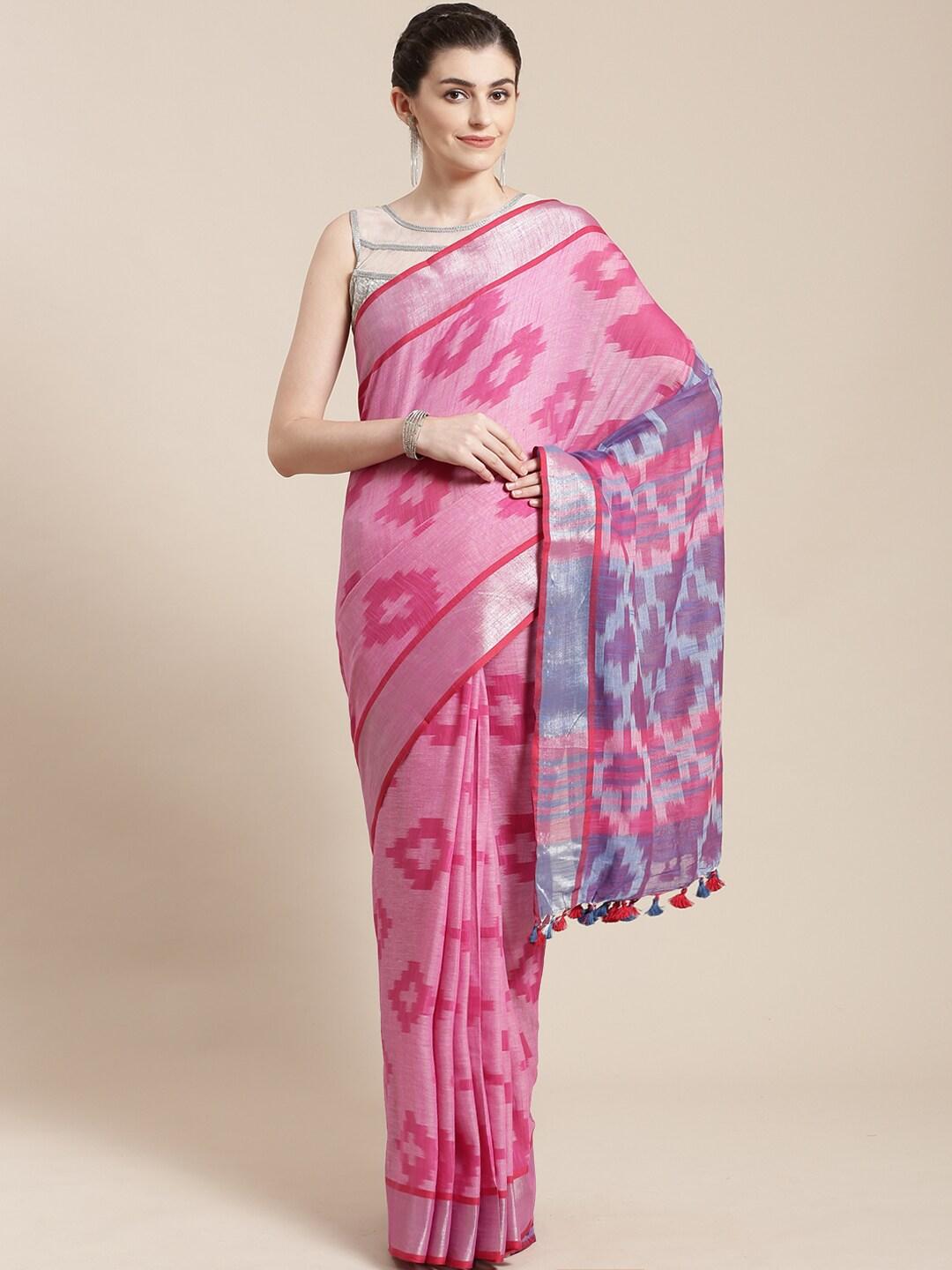 kalakari india pink & purple pure linen woven design handloom saree
