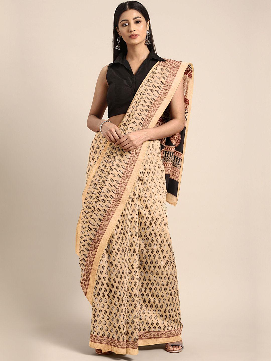 kalakari india beige & black printed maheshwari sustainable saree