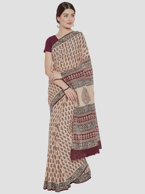 kalakari india beige cotton printed saree with unstitched blouse