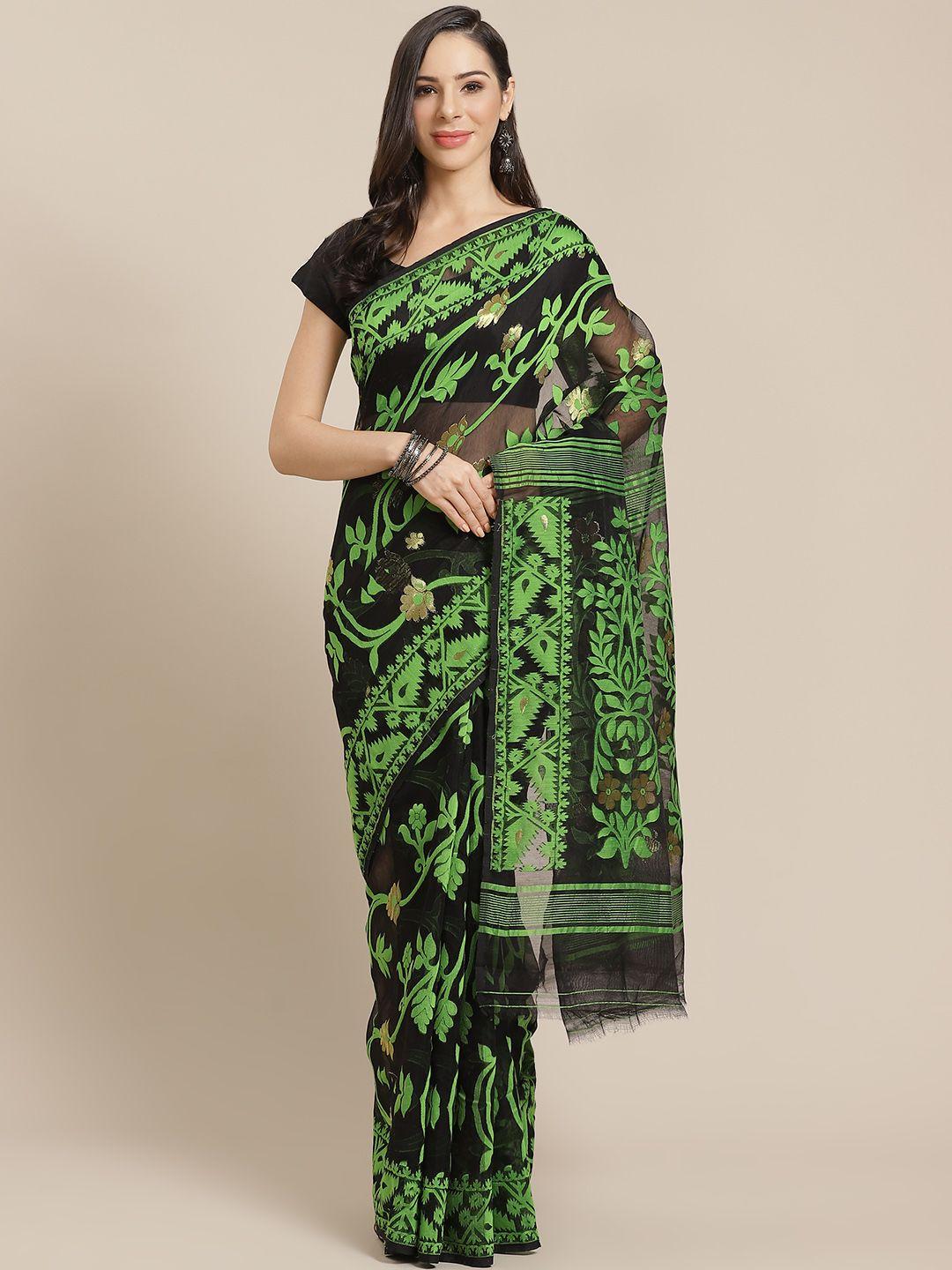 kalakari india black & green woven design jamdani handloom saree