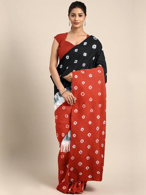 kalakari india black & orange cotton printed saree with unstitched blouse