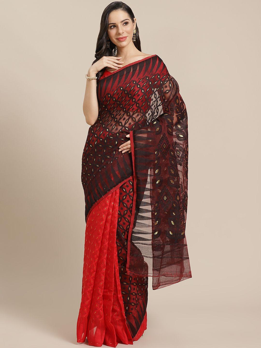 kalakari india black & red woven design jamdani handloom saree