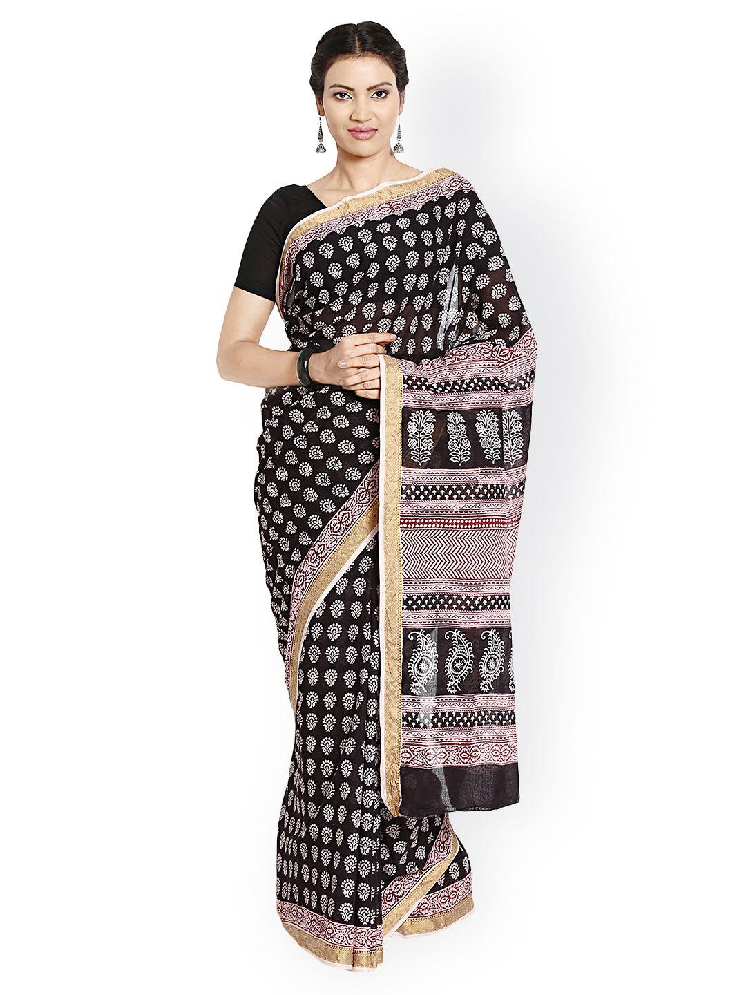 kalakari india black bagh handblock print handcrafted cotton saree