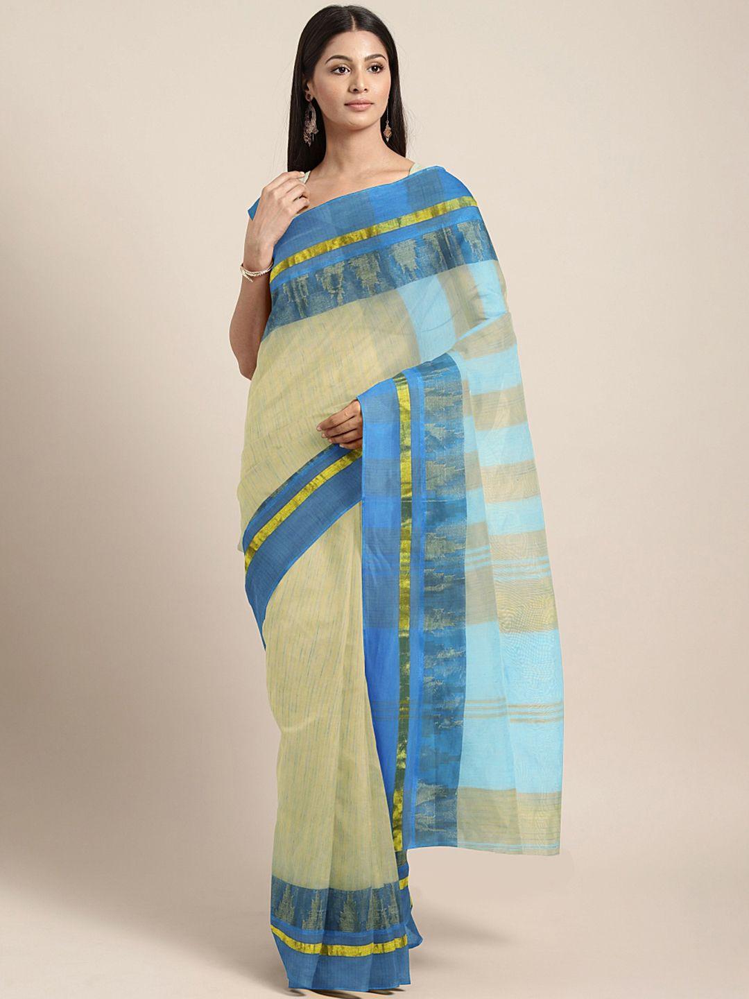 kalakari india blue & beige woven design silk cotton taant saree