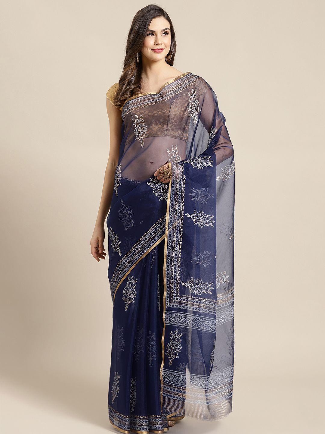 kalakari india blue & golden printed bagru handloom saree