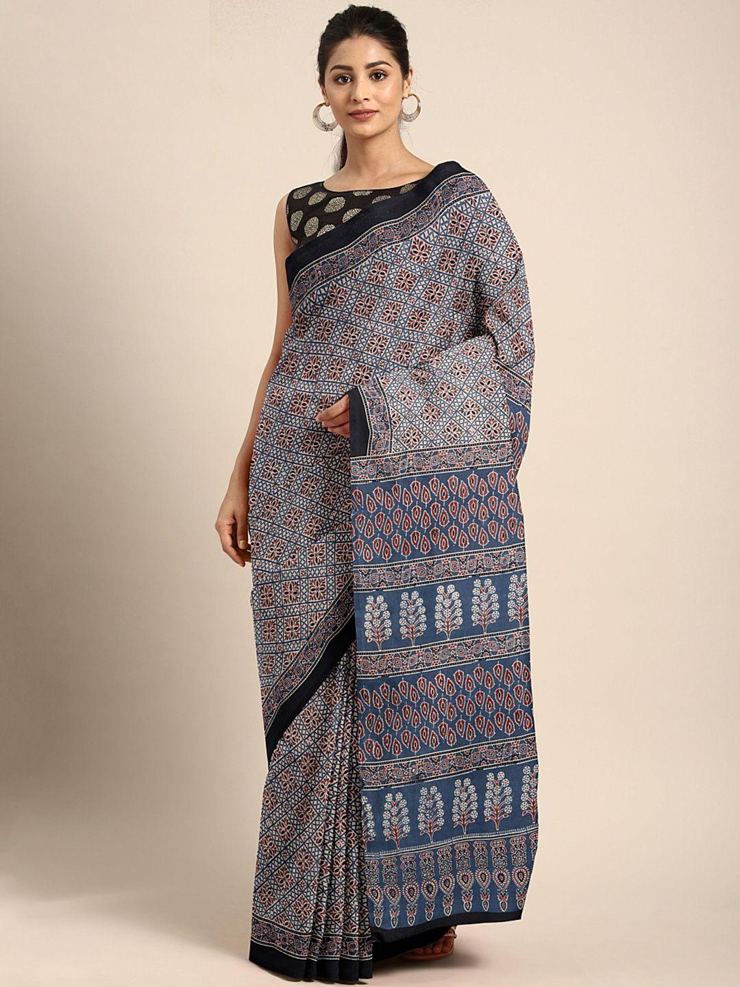 kalakari india blue & multicoloured ethnic motifs pure cotton block print saree