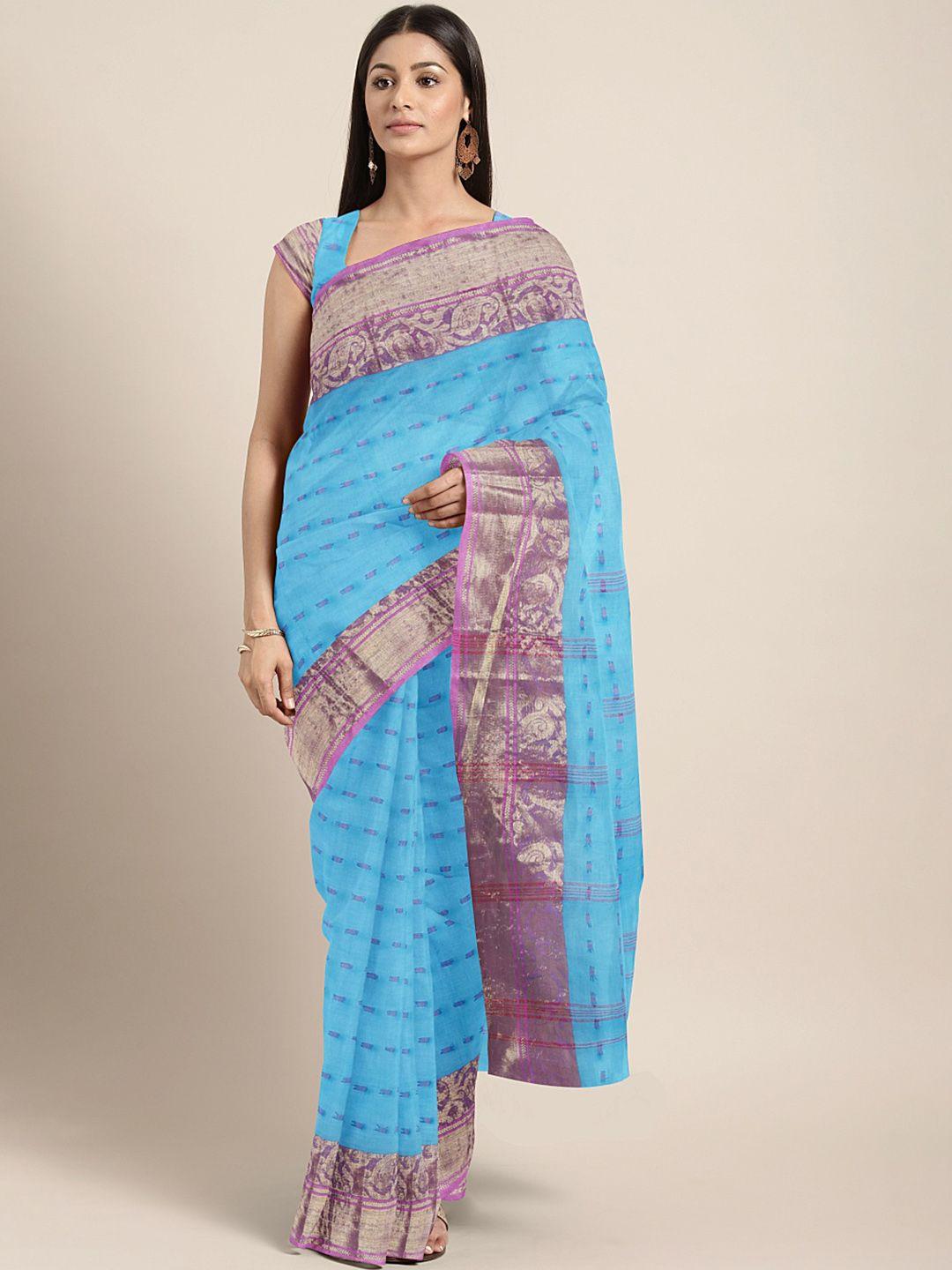 kalakari india blue & multicoloured woven design silk cotton taant saree