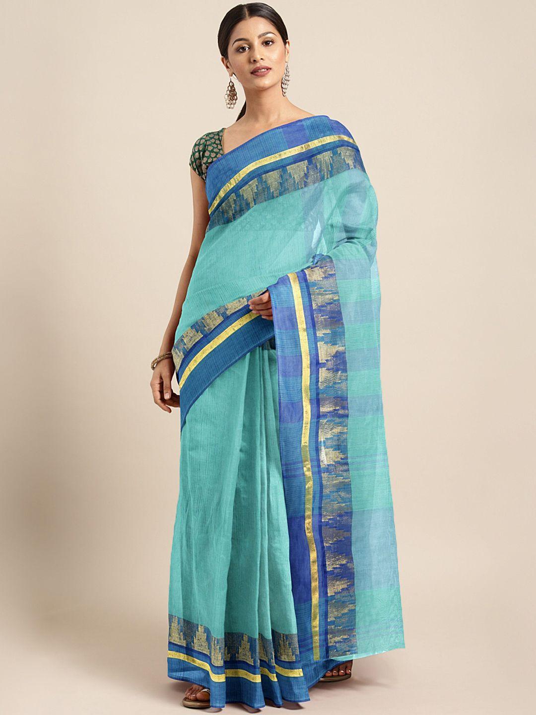 kalakari india blue & multicoloured woven design silk cotton taant saree