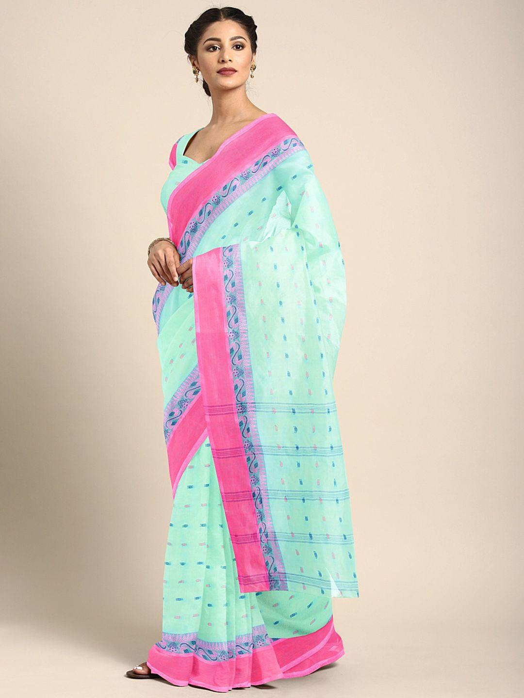 kalakari india blue & multicoloured woven design silk cotton taant saree