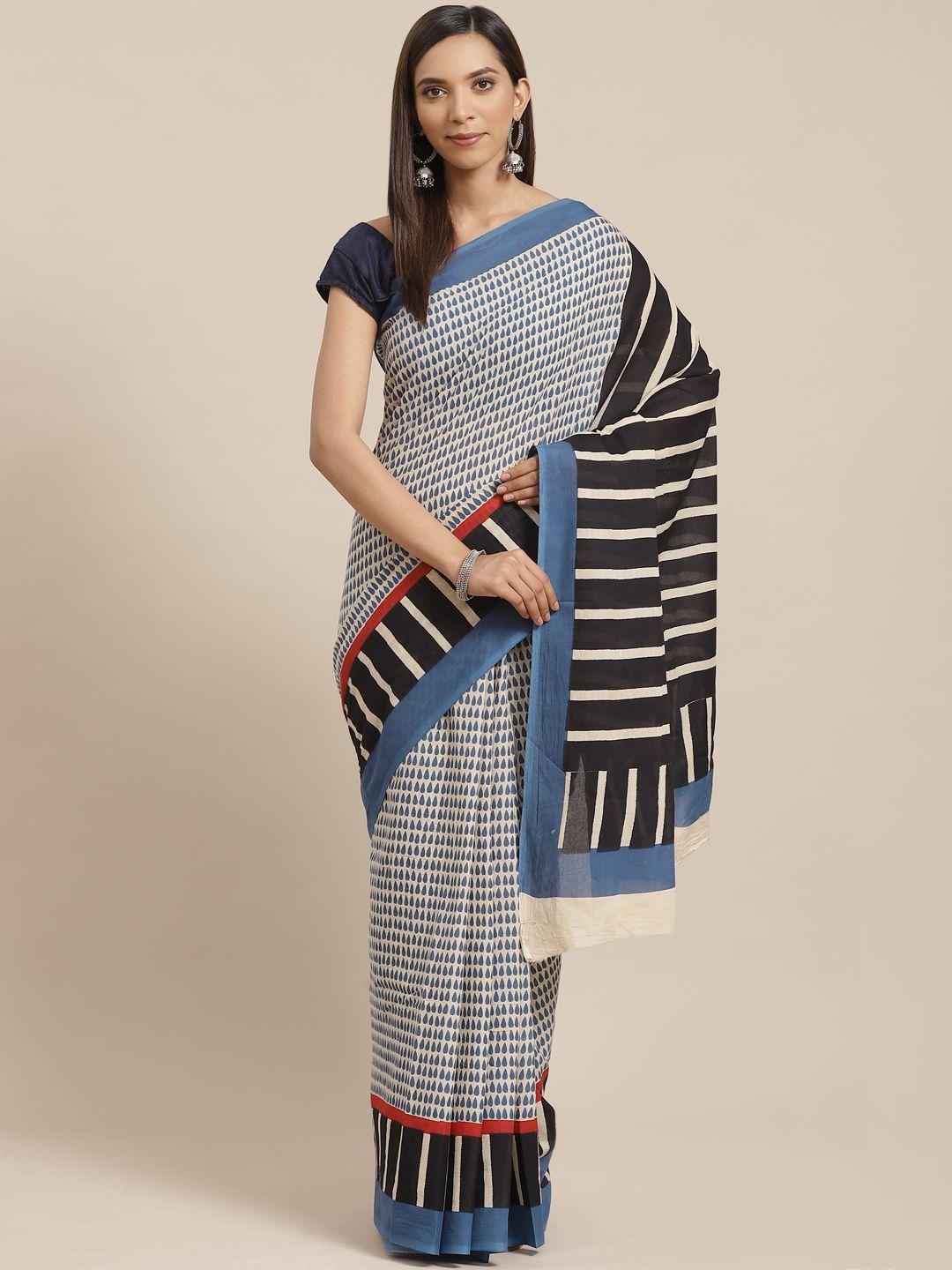 kalakari india blue & off-white block print handloom sustainable saree