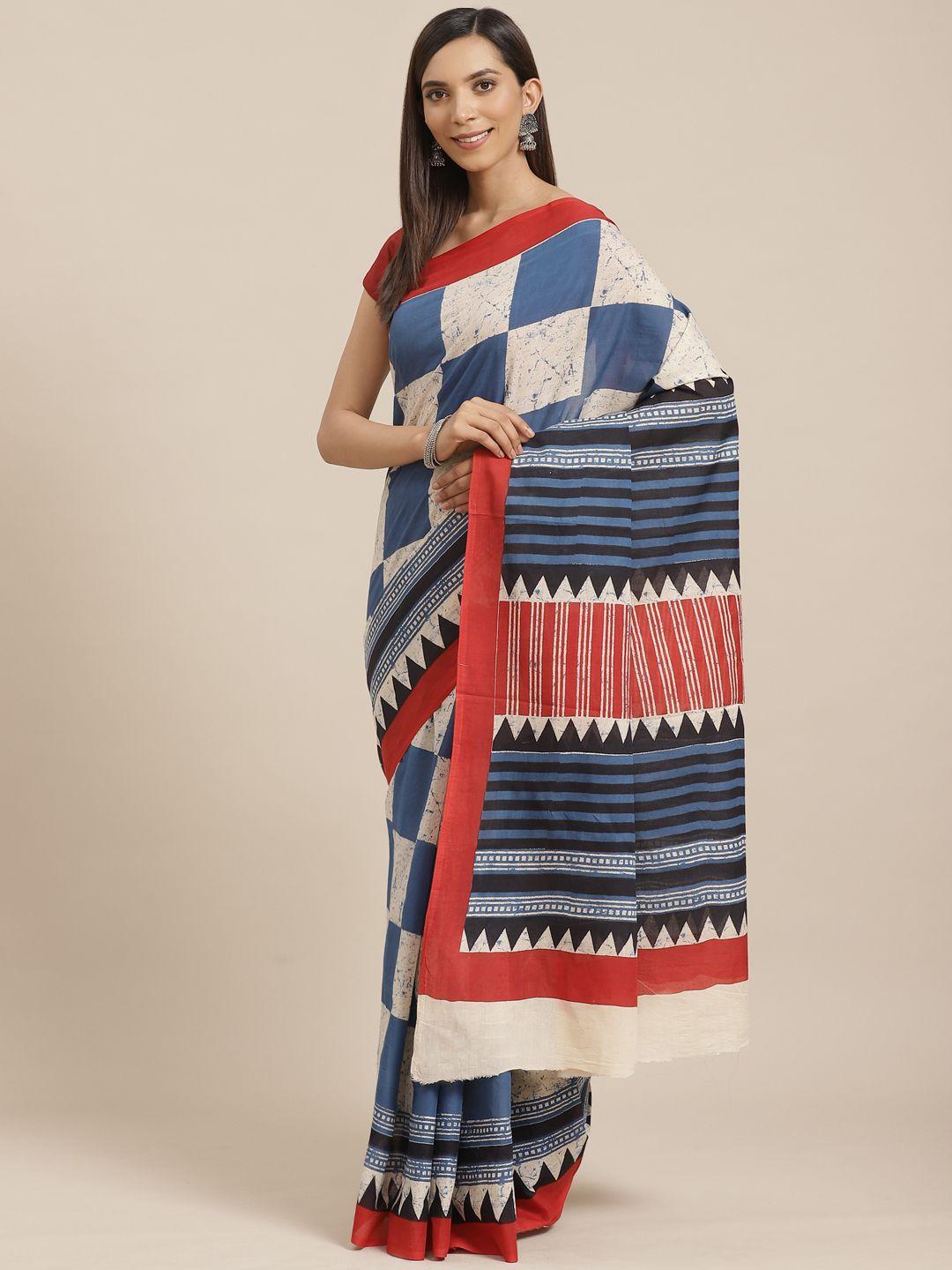 kalakari india blue & off-white pure cotton sanganeri handblock print handloom sustainable saree