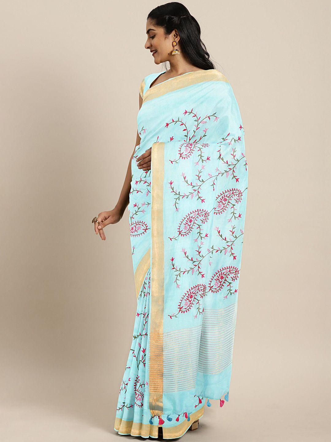 kalakari india blue & pink paisley embroidered silk blend saree