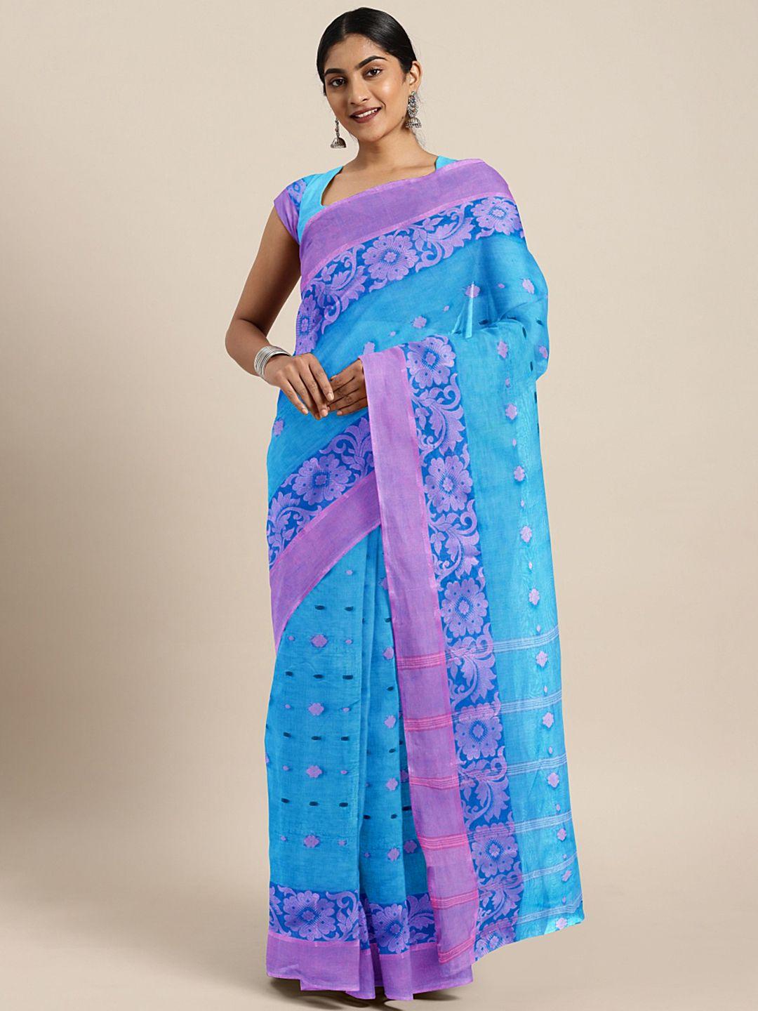 kalakari india blue & pink woven design silk cotton taant saree