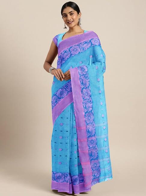 kalakari india blue & purple cotton woven saree with unstitched blouse