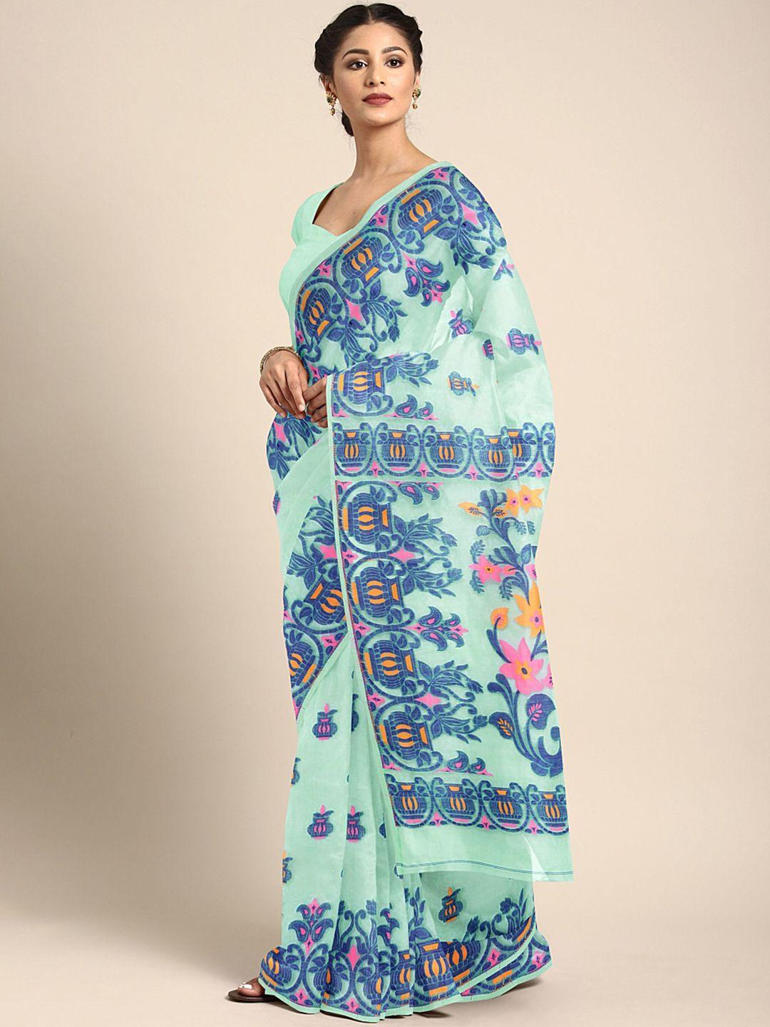 kalakari india blue & turquoise blue woven design silk cotton jamdani saree