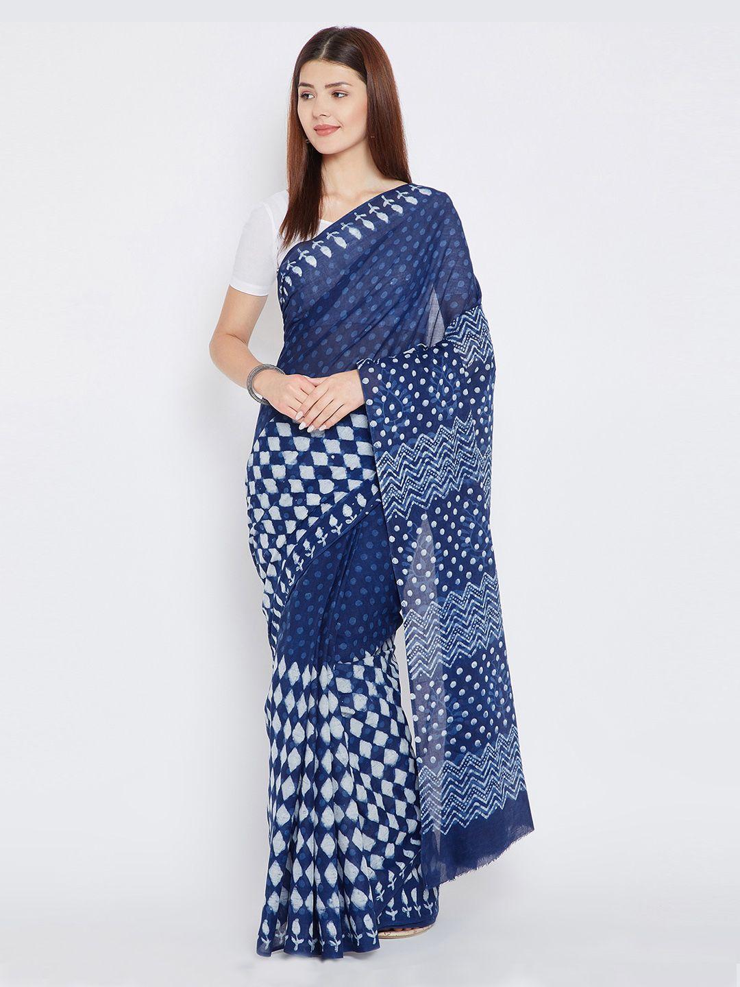 kalakari india blue & white pure cotton printed saree