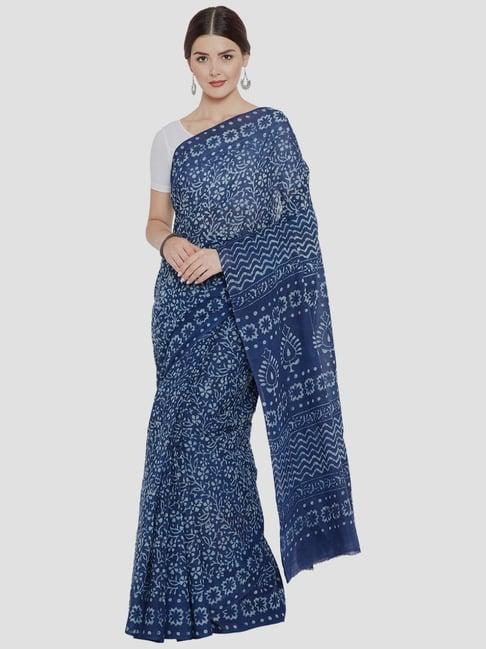 kalakari india blue cotton printed saree with unstitched blouse