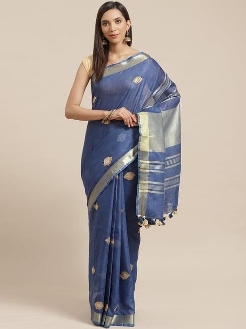 kalakari india blue linen woven saree with unstitched blouse