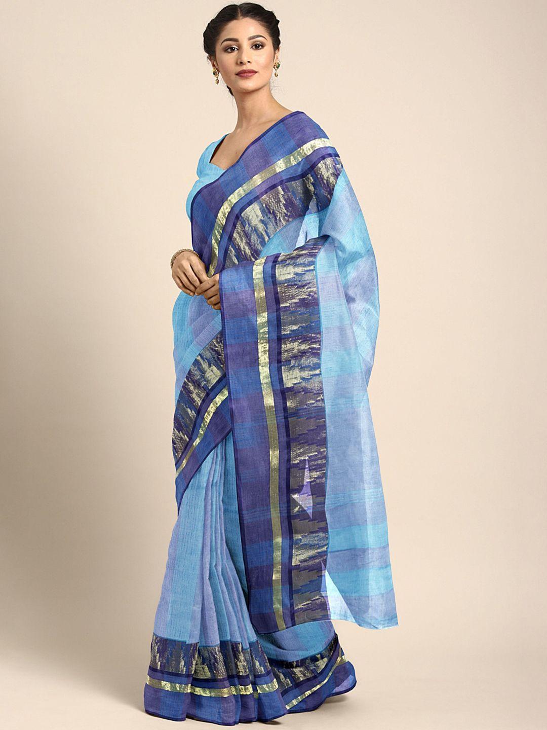 kalakari india blue striped zari silk cotton taant saree