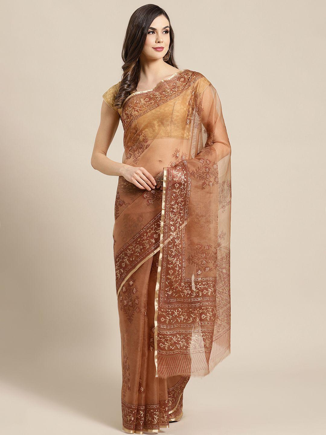 kalakari india brown & golden printed bagru handloom saree