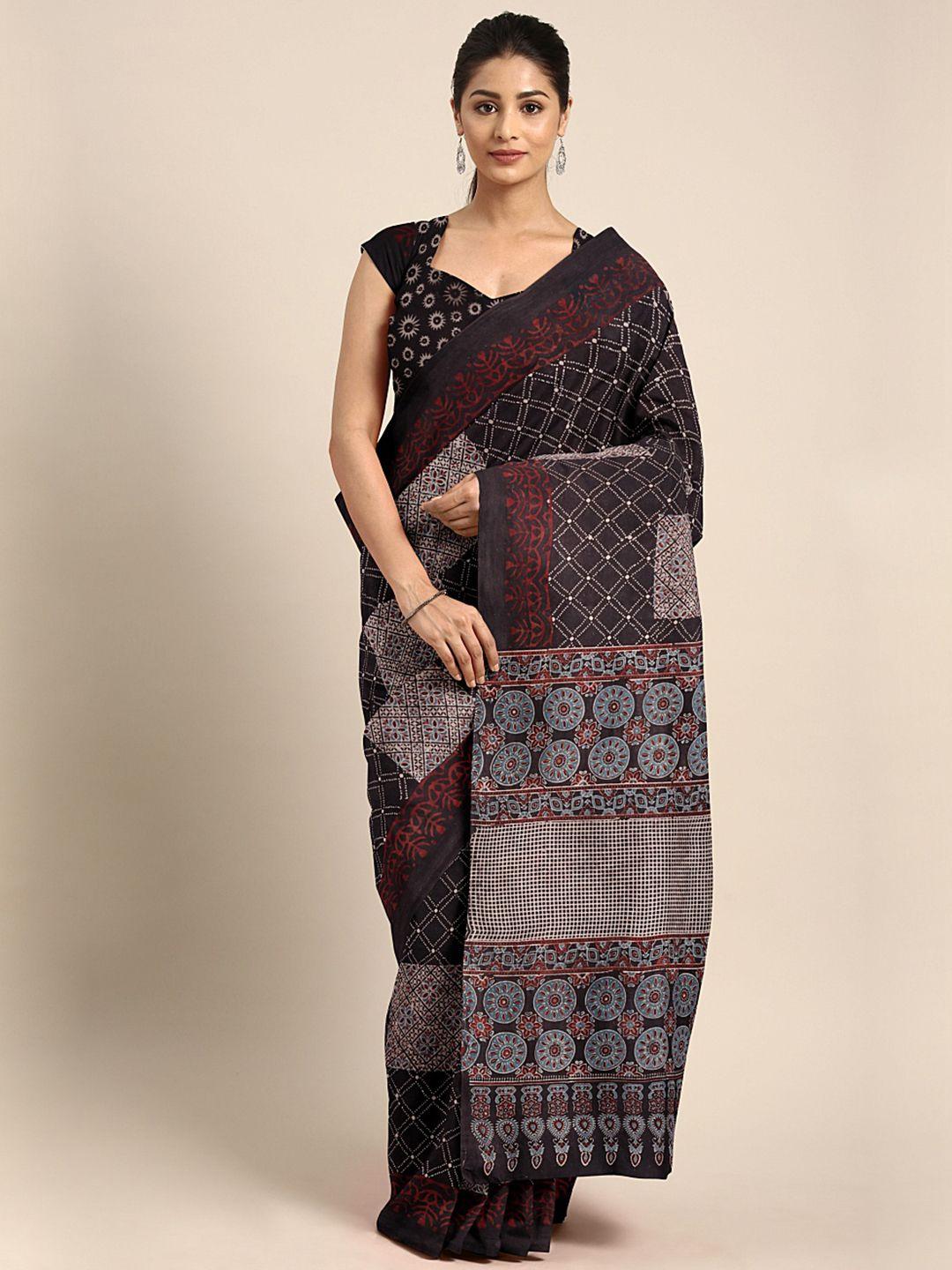 kalakari india brown & multicoloured ethnic motifs pure cotton block print saree