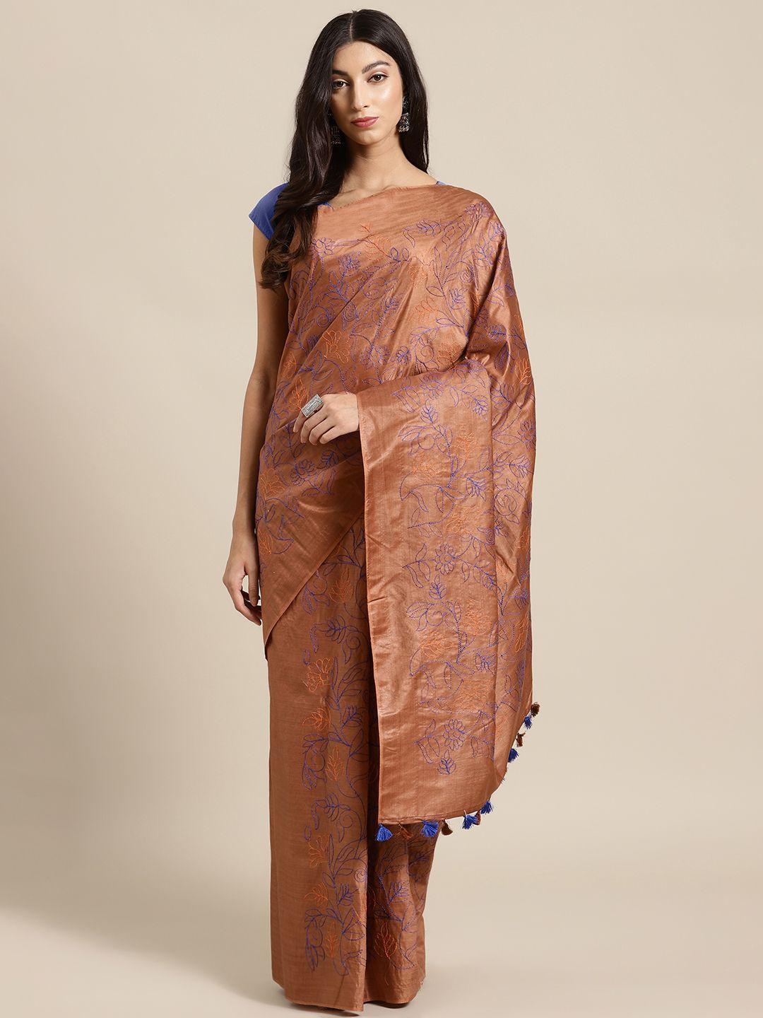 kalakari india brown & navy blue silk blend embroidered bhagalpuri saree