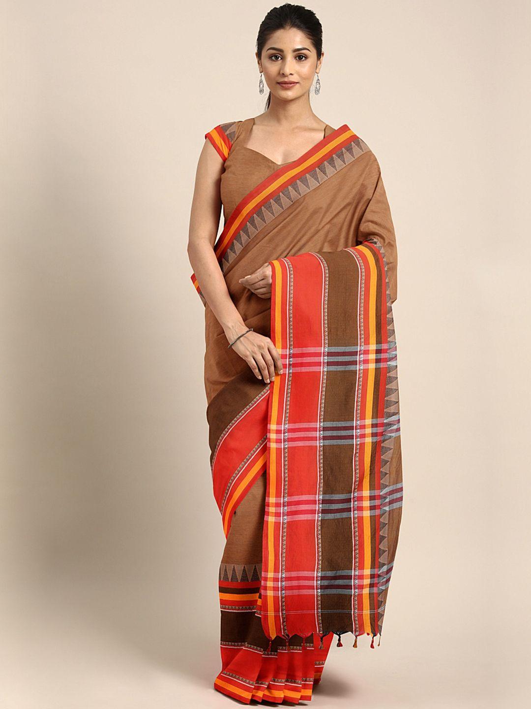 kalakari india brown & red woven design kutchi embroidery pure cotton jamdani saree