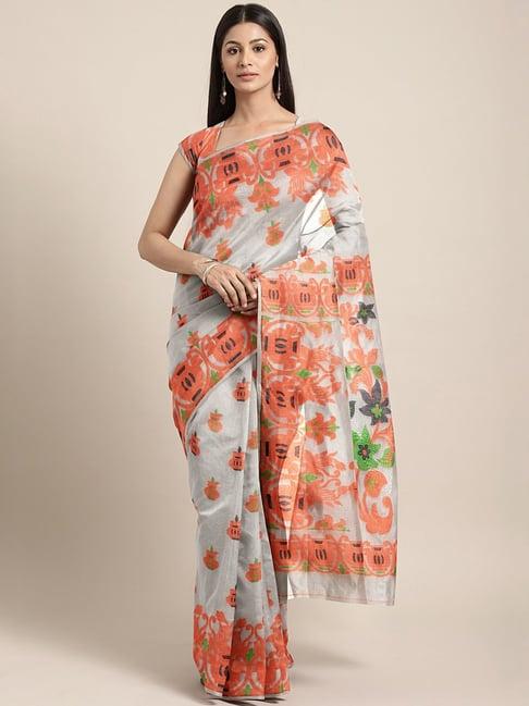 kalakari india brown & white cotton woven saree with unstitched blouse