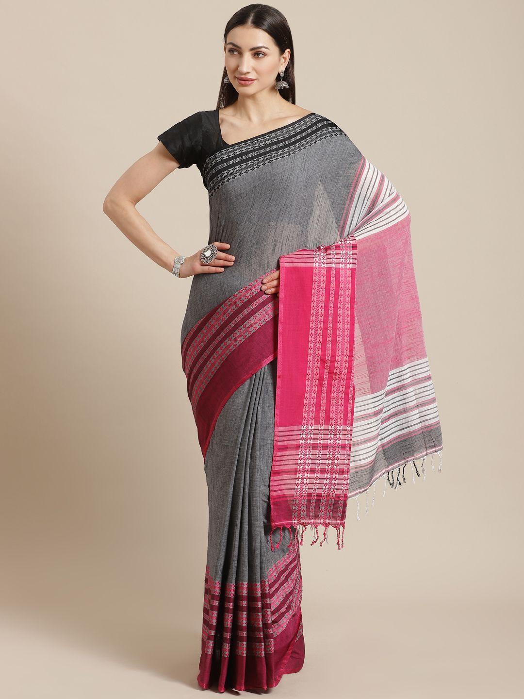 kalakari india charcoal grey & pink pure cotton woven design sustainable saree