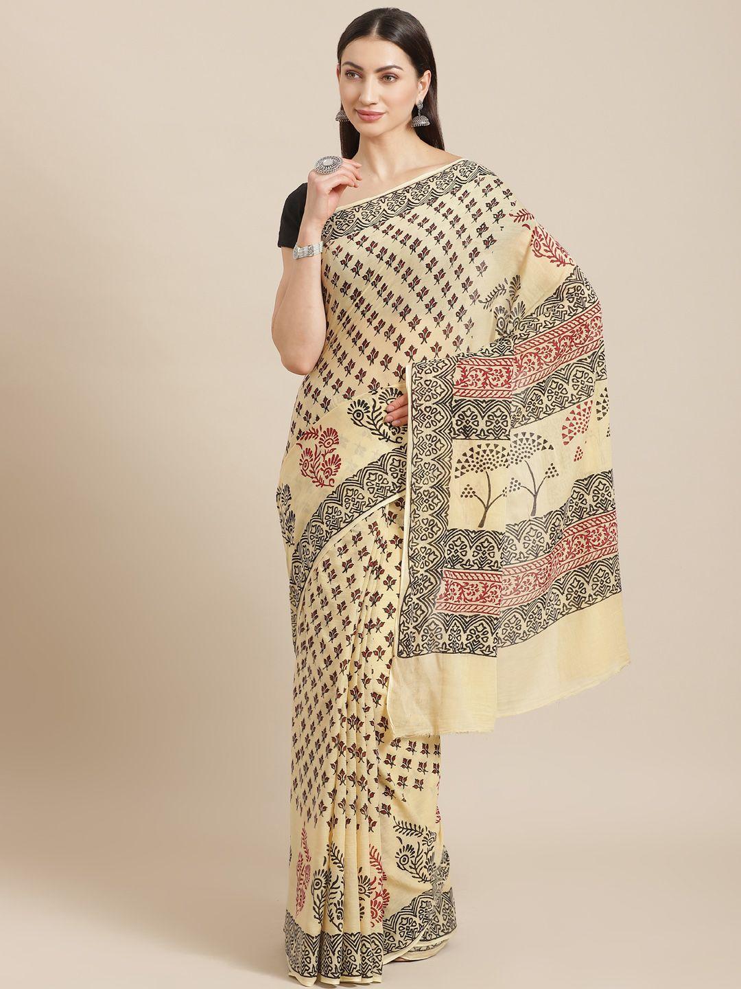 kalakari india cream-coloured & black pure cotton block print sustainable handloom saree