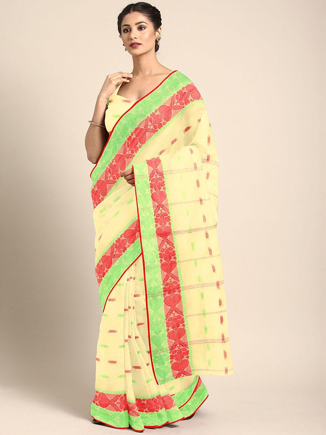 kalakari india cream-coloured & multicoloured woven design silk cotton taant saree