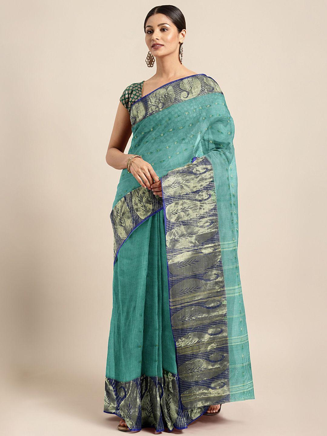 kalakari india green & navy blue woven design silk cotton taant saree