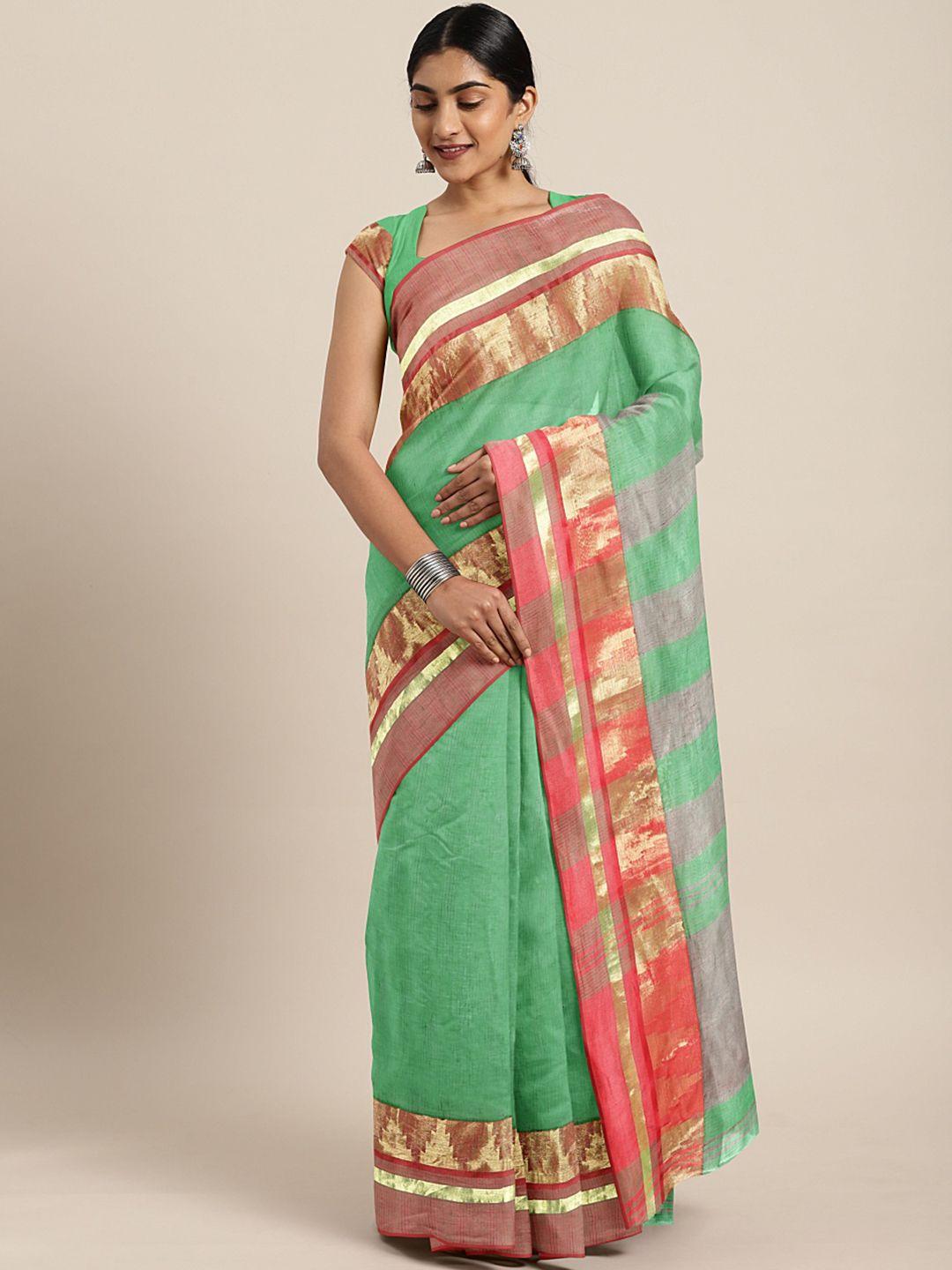 kalakari india green & orange woven design silk cotton taant saree