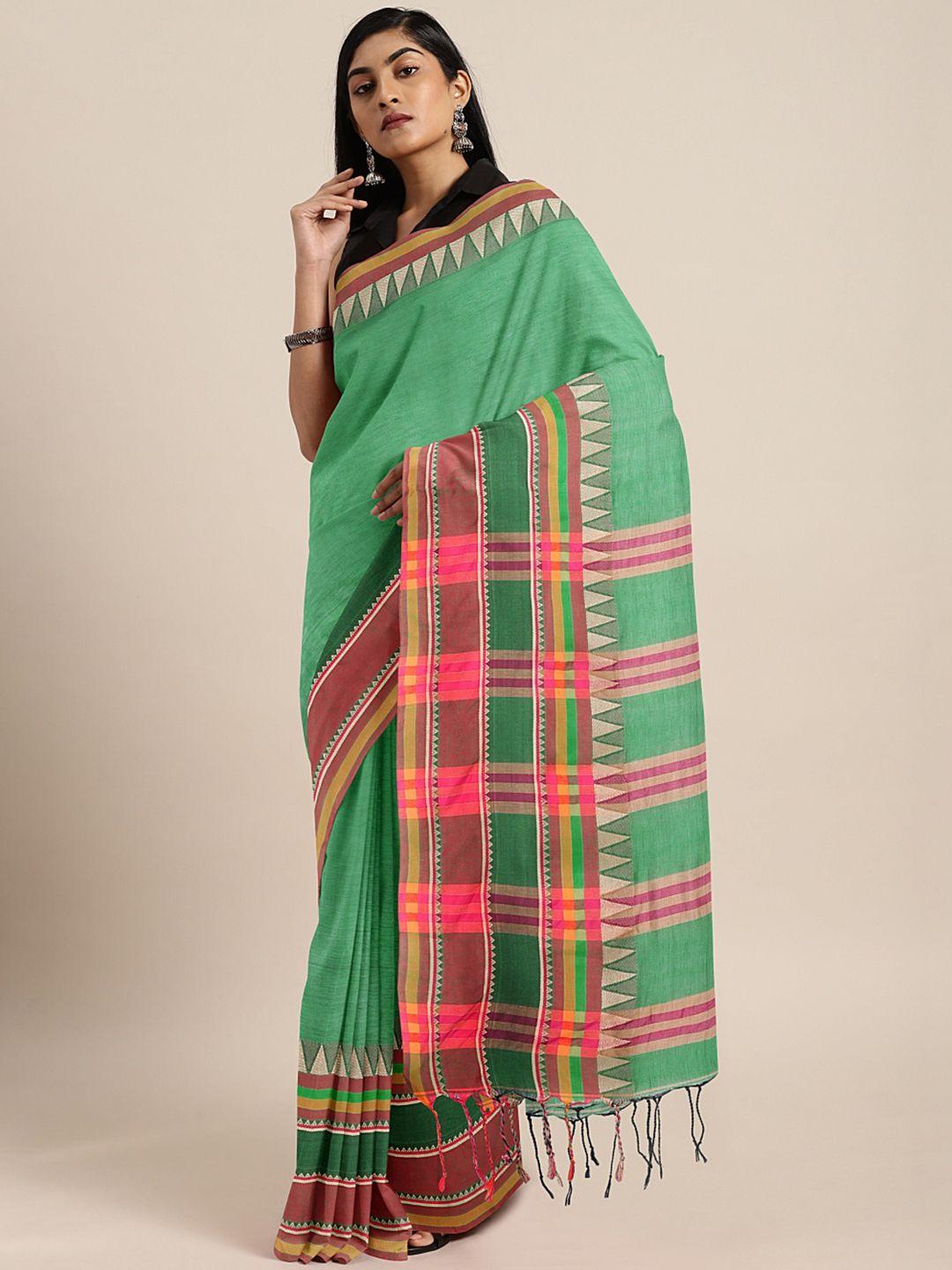 kalakari india green & pink woven design kutchi embroidery pure cotton jamdani saree