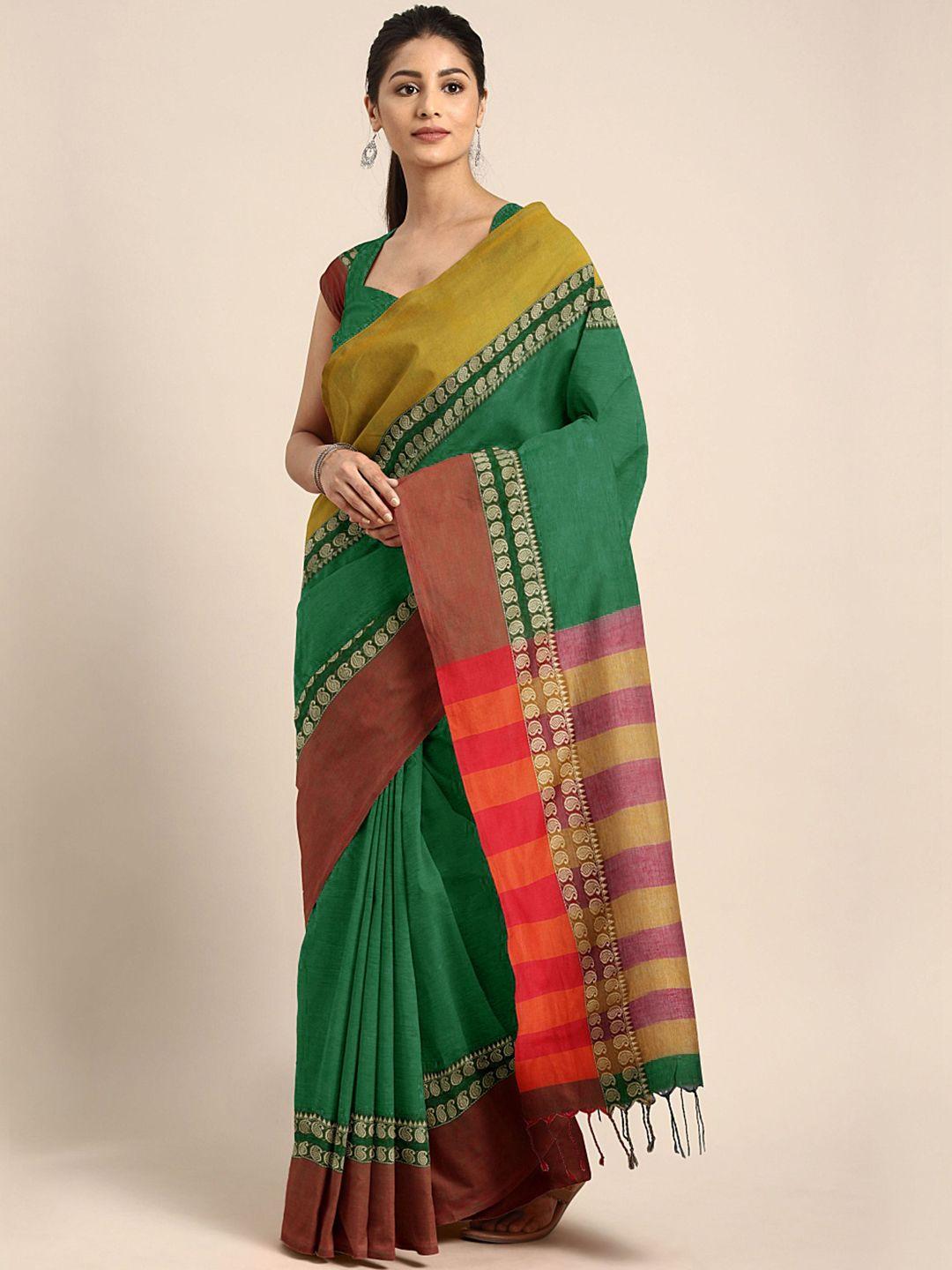 kalakari india green & red woven design kutchi embroidery pure cotton jamdani saree