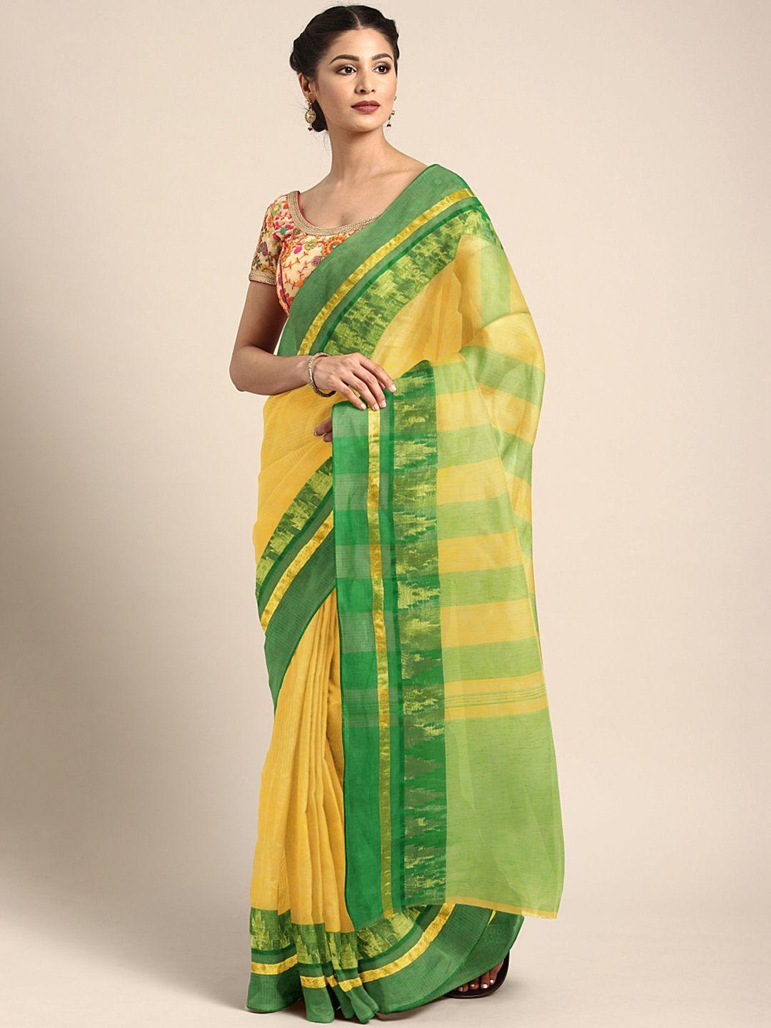 kalakari india green & yellow woven design silk cotton taant saree