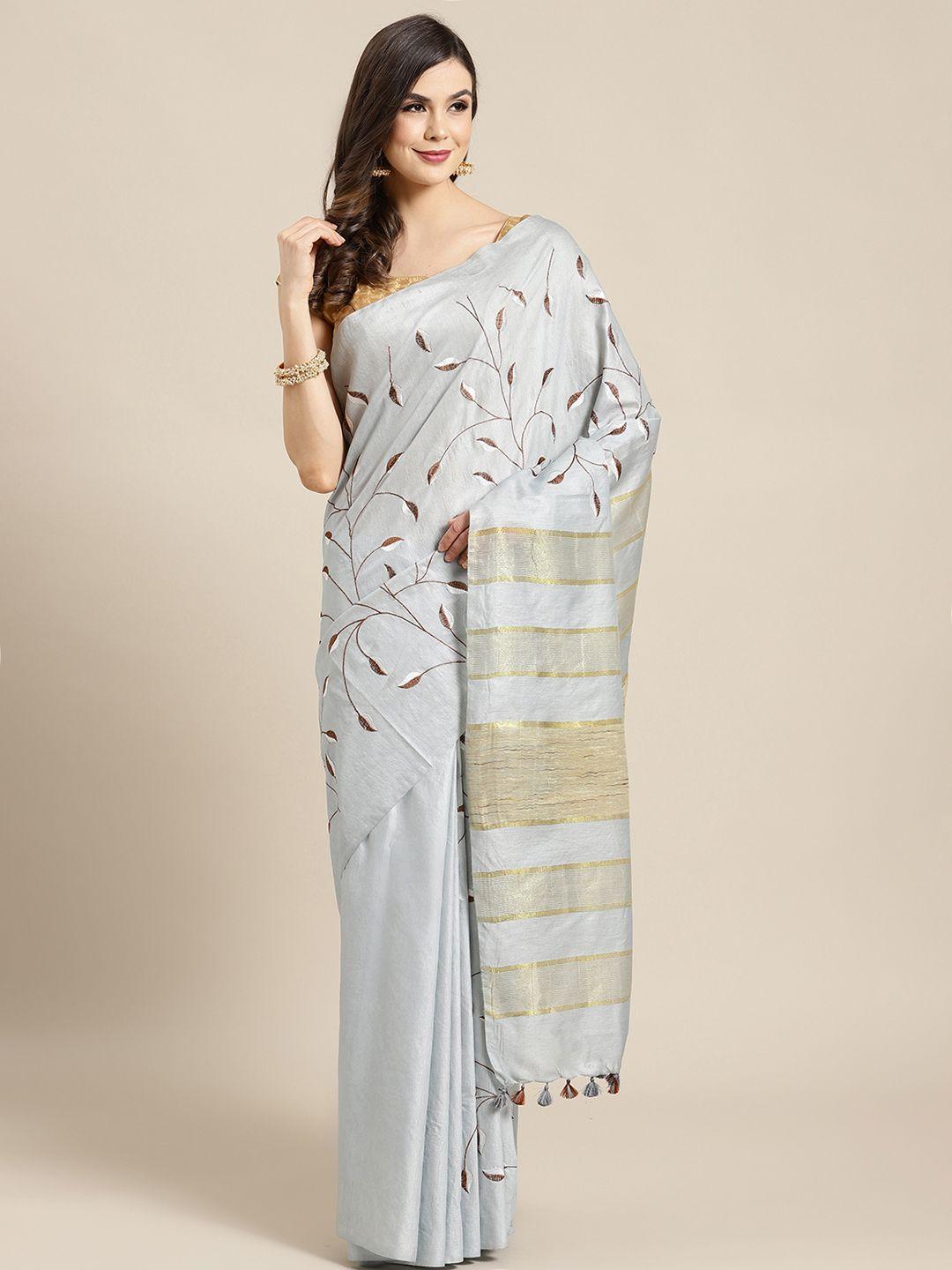 kalakari india grey & brown handloom embroidered bhagalpuri saree